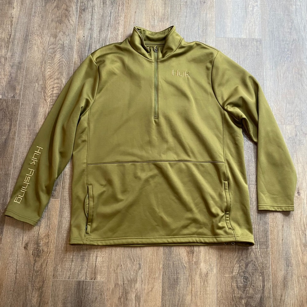 Huk Fishing Mens XXL Olive Green Quarter Zip Fleece Lined Pullover Jacket